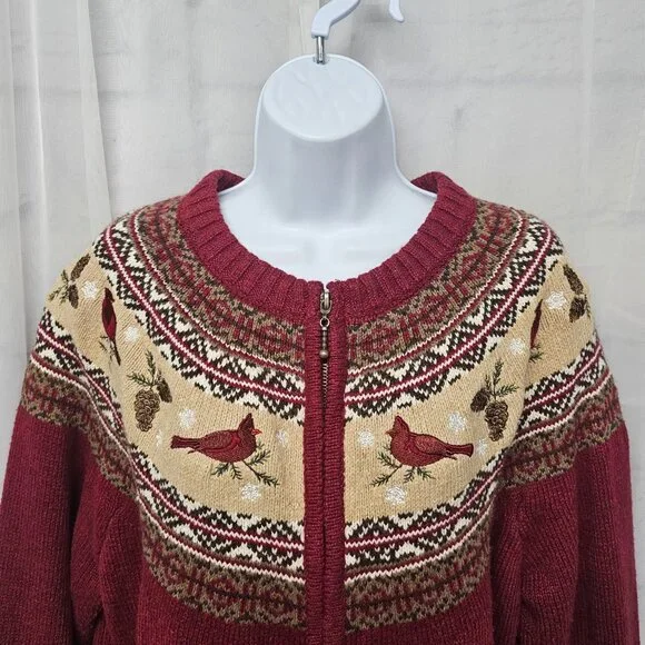 Croft & Barrow Red Cardinal Fair Isle Cardigan Zip Preppy Collegiate XL - Picture 2 of 13